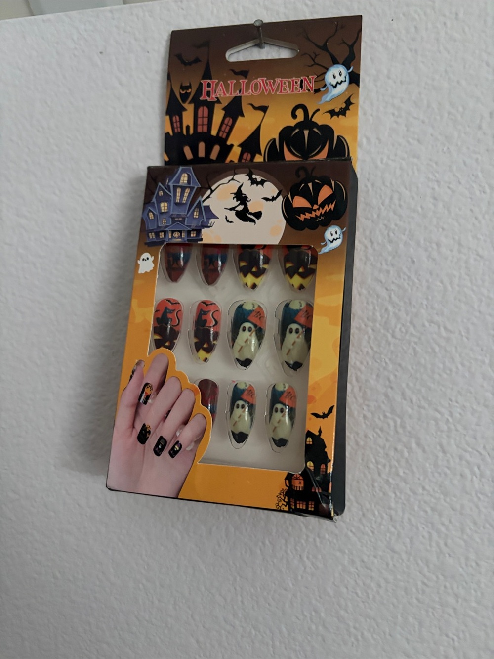 Halloween Press-On Nails - Orange & Black Ghost Design